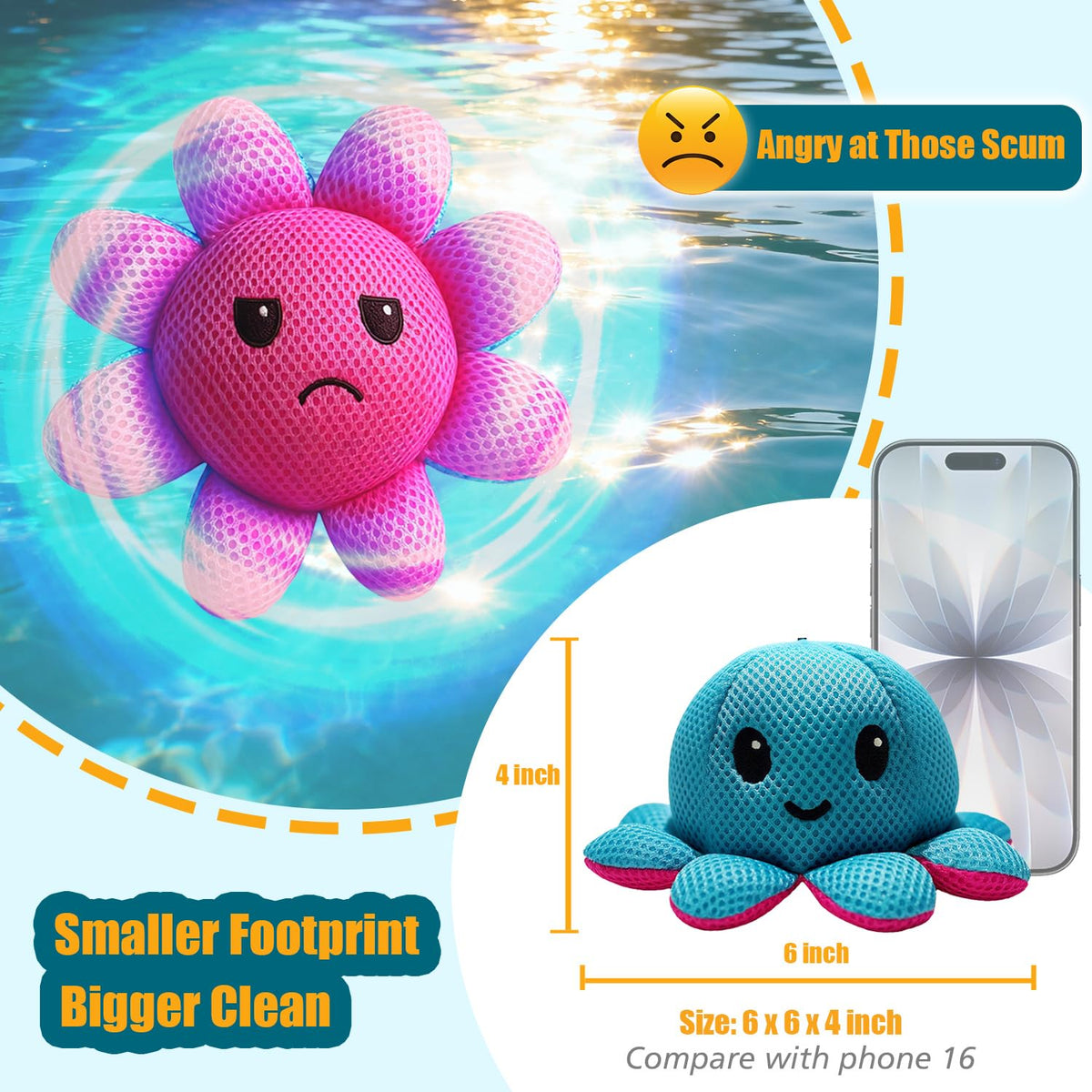 Compact 6 by 6 by 4 inch cleaner cleans without crowding the tub.