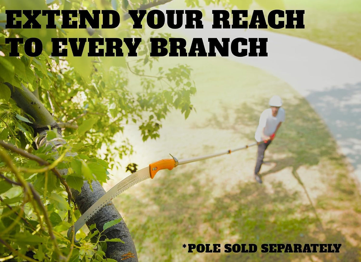 Extend-A-Reach pruning manual saw attached to extension pole for safe high limb trimming