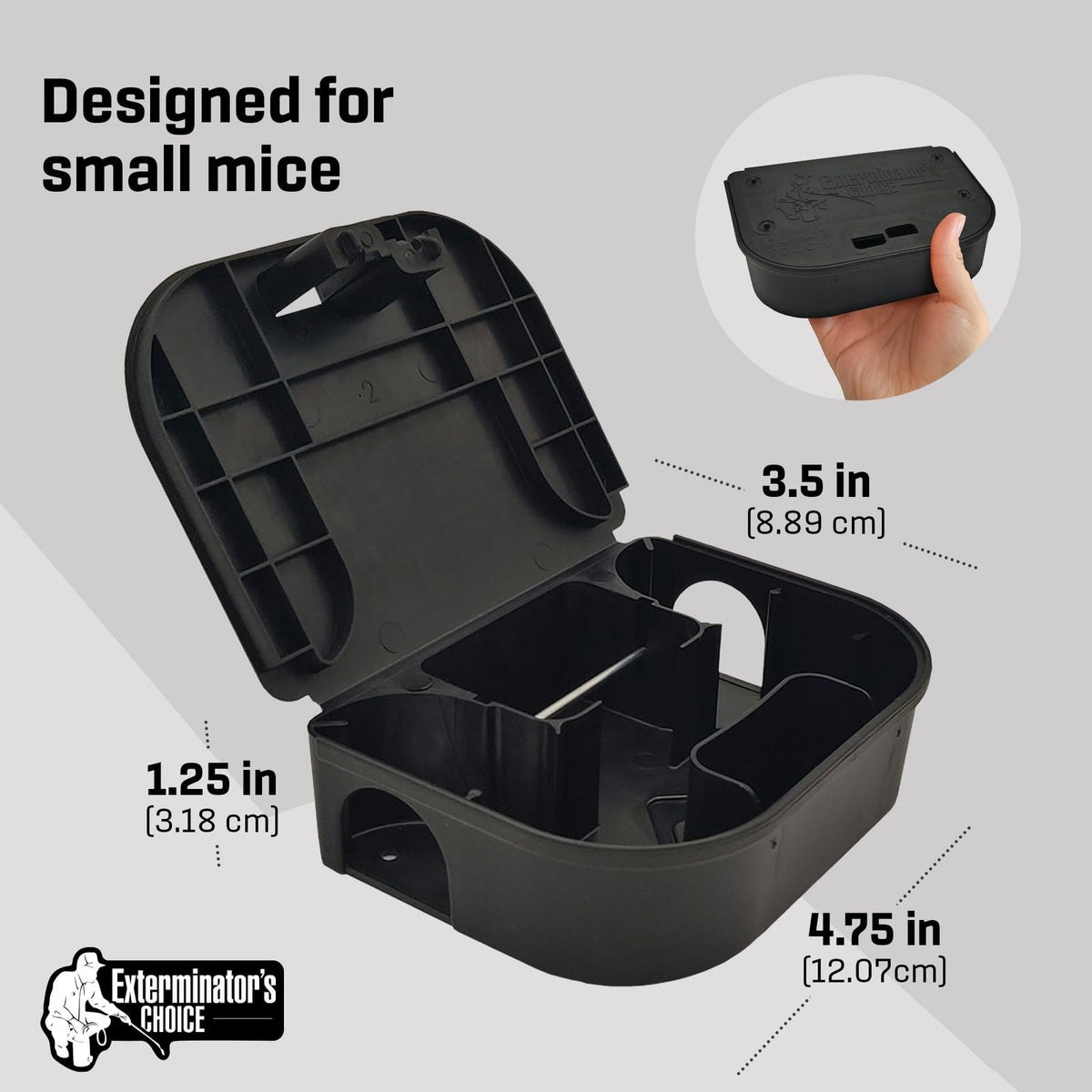 Exterminators Choice black compact station shown for discreet placement.