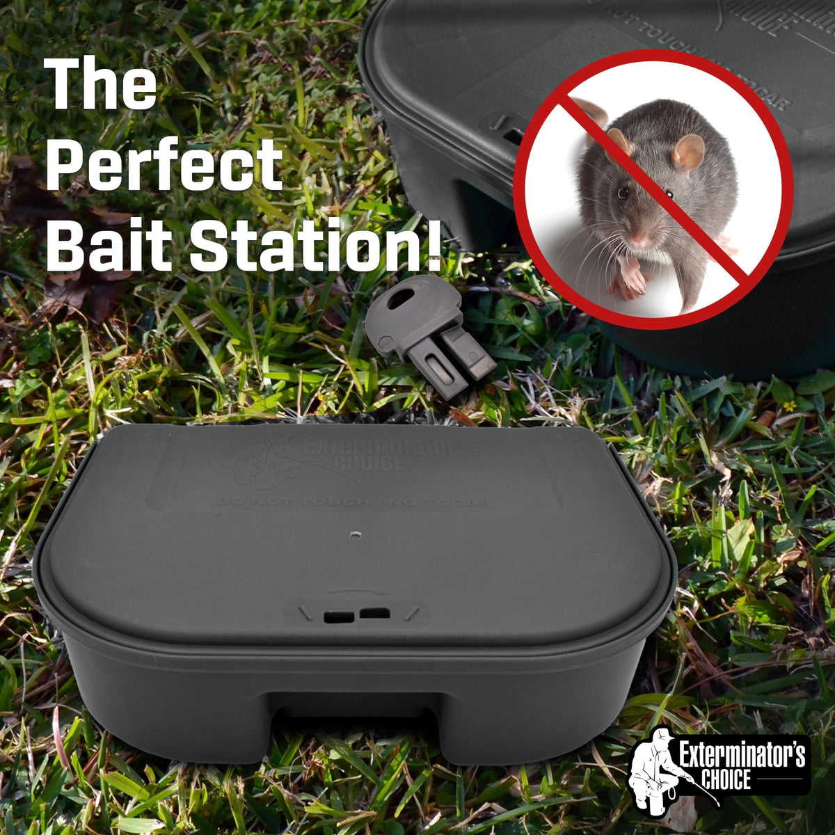 Exterminators Choice bait station with lock and key keeps pets and kids safe.