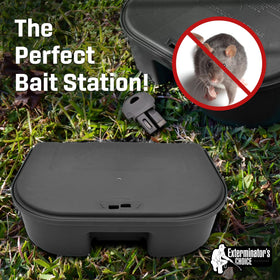 Exterminators Choice bait station with lock and key keeps pets and kids safe.