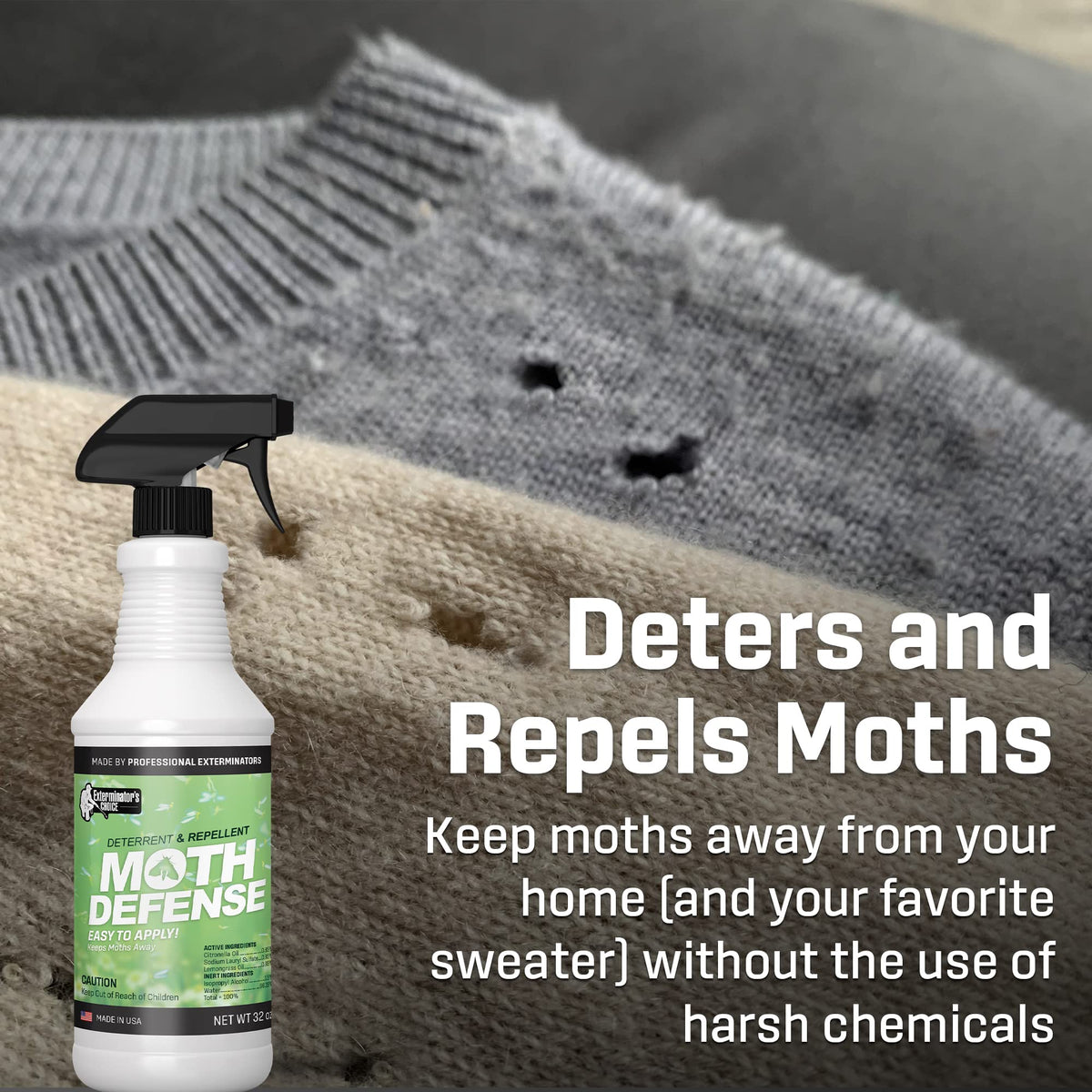 Exterminators Choice Moth Defense Spray fabric-safe on delicate knits and rugs.