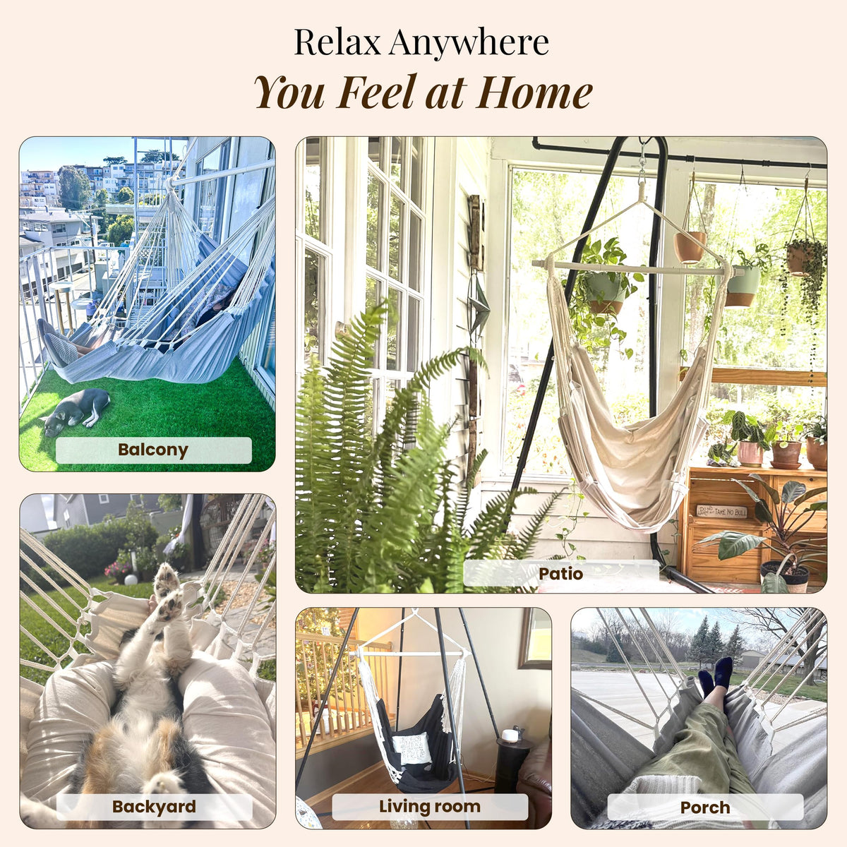 EXTIRIO indoor/outdoor swing adapts to any space for versatile lounging.