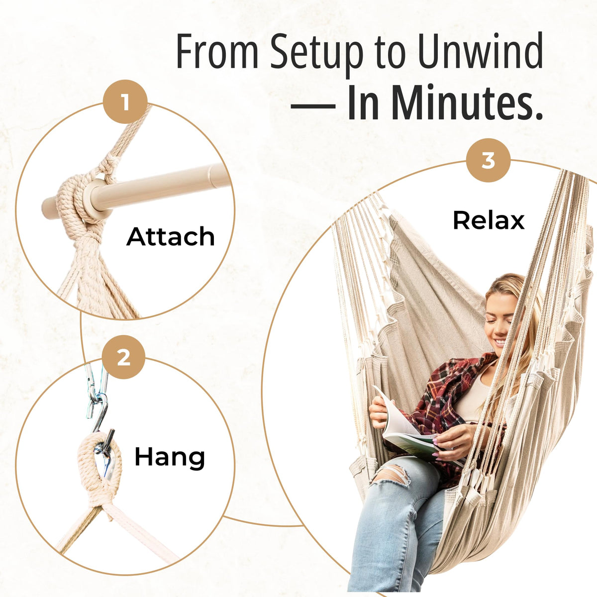 EXTIRIO hanging chair shows built-in foot rest for added comfort.