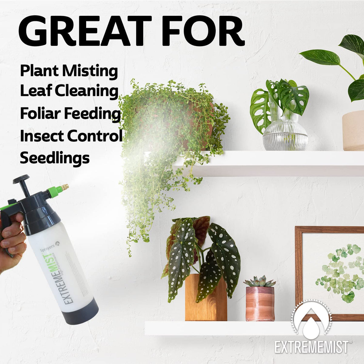 ExtremeMIST adjustable brass nozzle offers customizable spray for even leaf coverage.