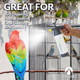 ExtremeMIST ultrafine mist nozzle delivering gentle humidity for tropical birds.