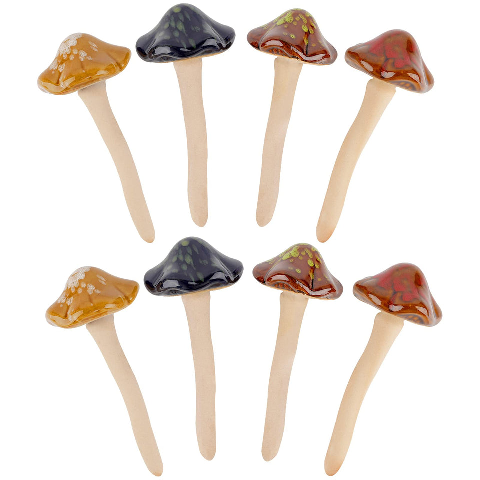 Exttlliy ceramic mushroom stake decor brightens garden borders.
