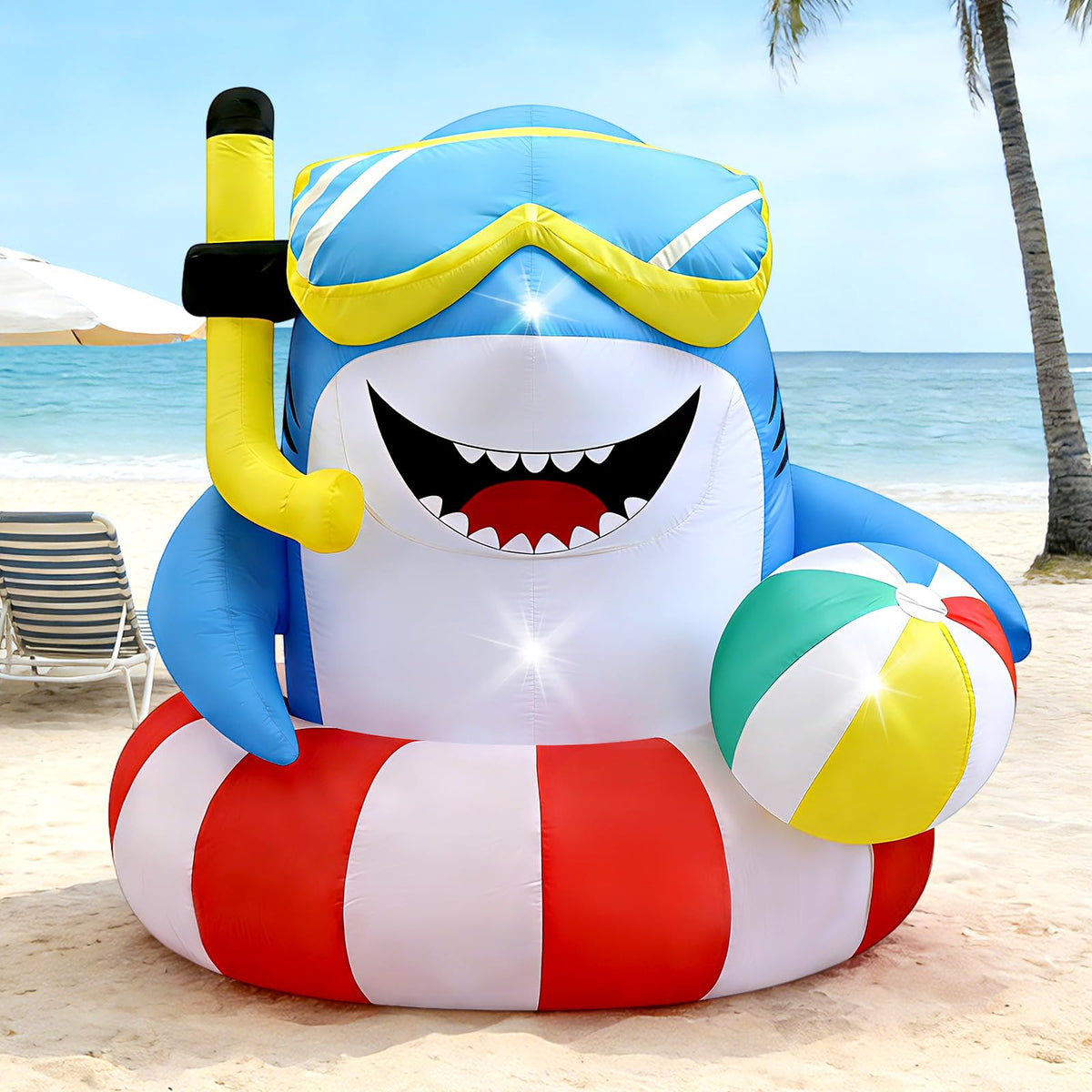 Eyourlife 4FT inflatable shark with LED lights for outdoor decor.