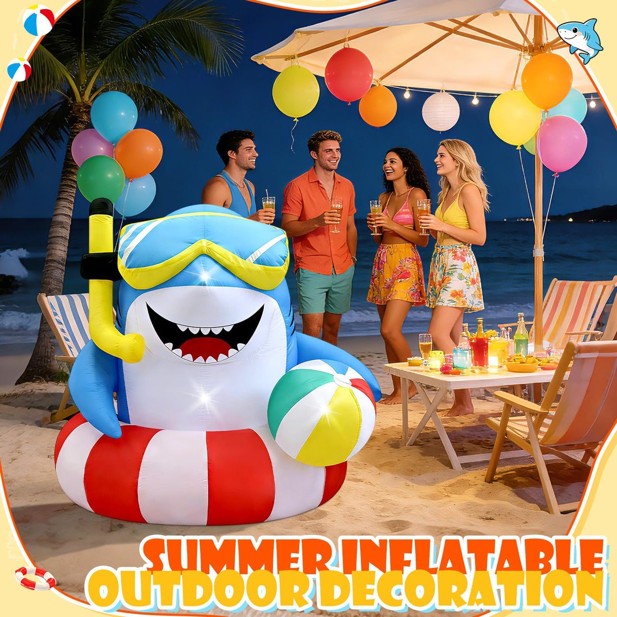 Shark backdrop enhances garden photos with tropical flair.