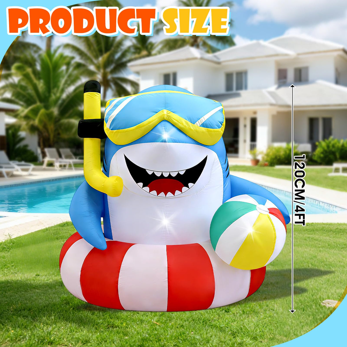 Eyourlife inflatable shark holding a beach ball for playful summer vibes.