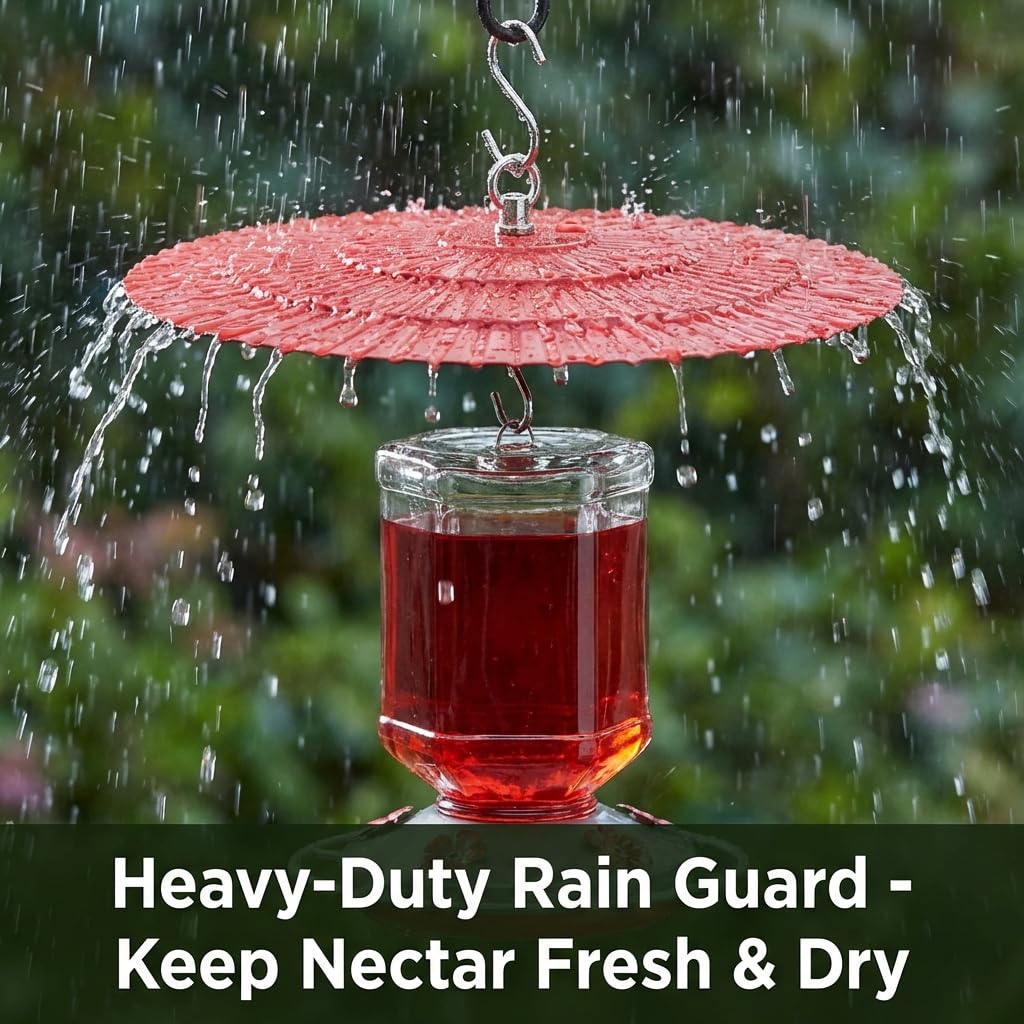 Eyrosa rain guard mounted on shepherd hook for easy hanging