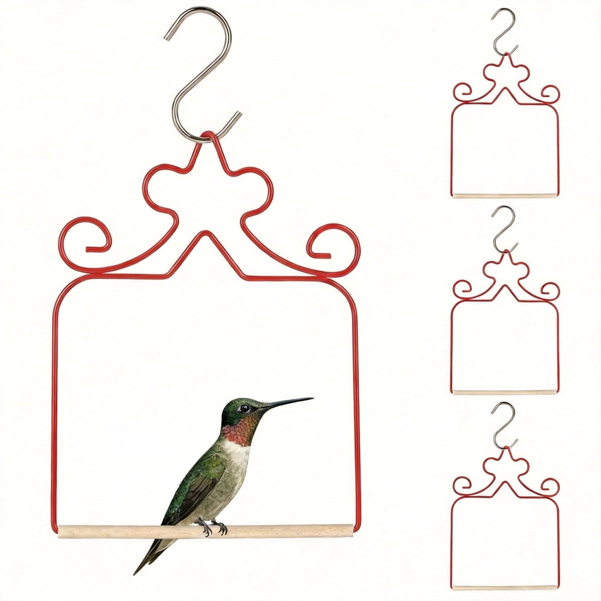 Eyrosa hummingbird swings feature a red metal perch that attracts hummingbirds to your garden
