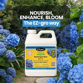 EZ-GRO Hydrangea Fertilizer being poured into water to nourish hydrangeas.