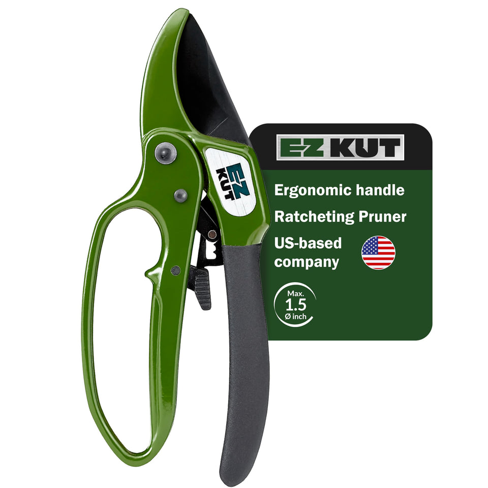 EZ Kut heavy-duty pruning shears green blade close-up for clean thick-branch cuts.