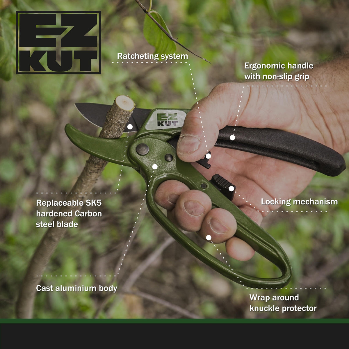 EZ Kut heavy-duty pruning shears green ergonomic handle for comfortable, extended use.