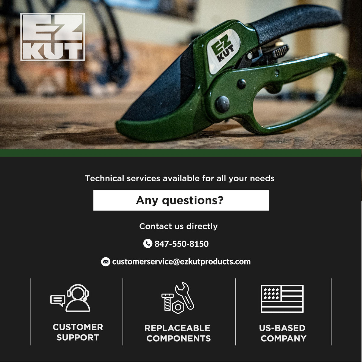 EZ Kut heavy-duty pruning shears green professional-grade tool for landscapers.