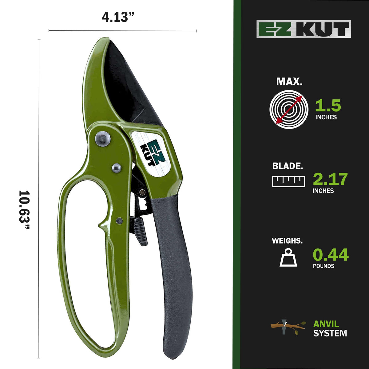 EZ Kut heavy-duty pruning shears green safety lock keeps blades secure.