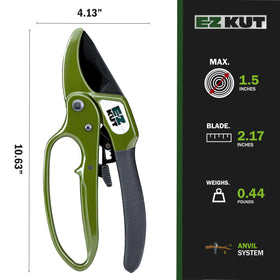 EZ Kut heavy-duty pruning shears green safety lock keeps blades secure.