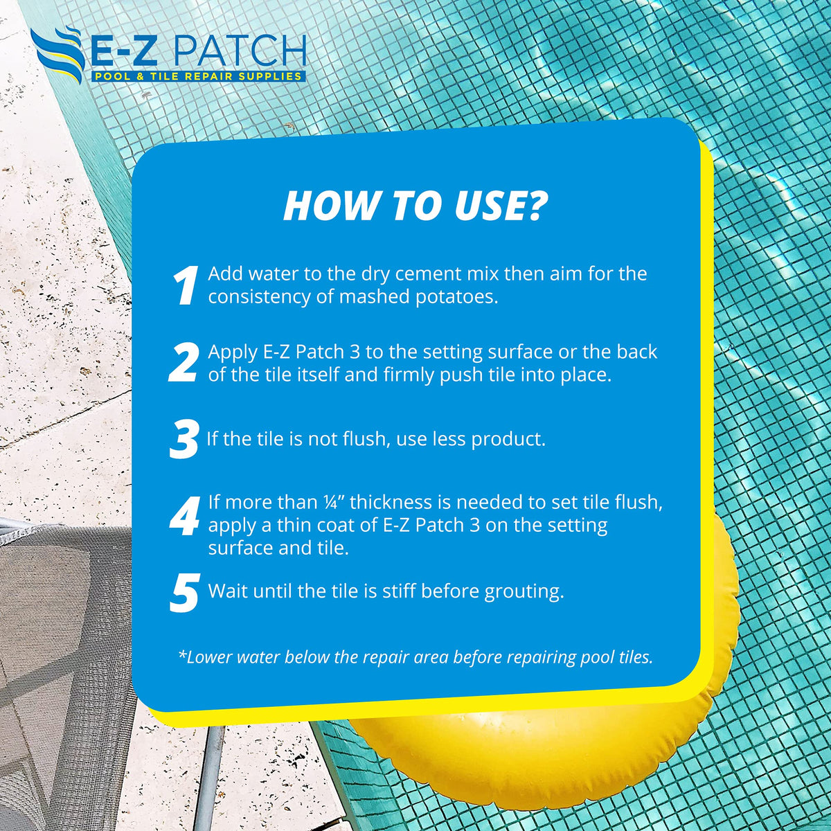 E-Z Patch 3 USA-made cement for reliable pool tile fixes.