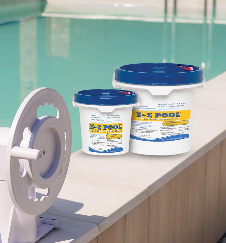 EZ Pool application on filter area shows easy weekly dosing.