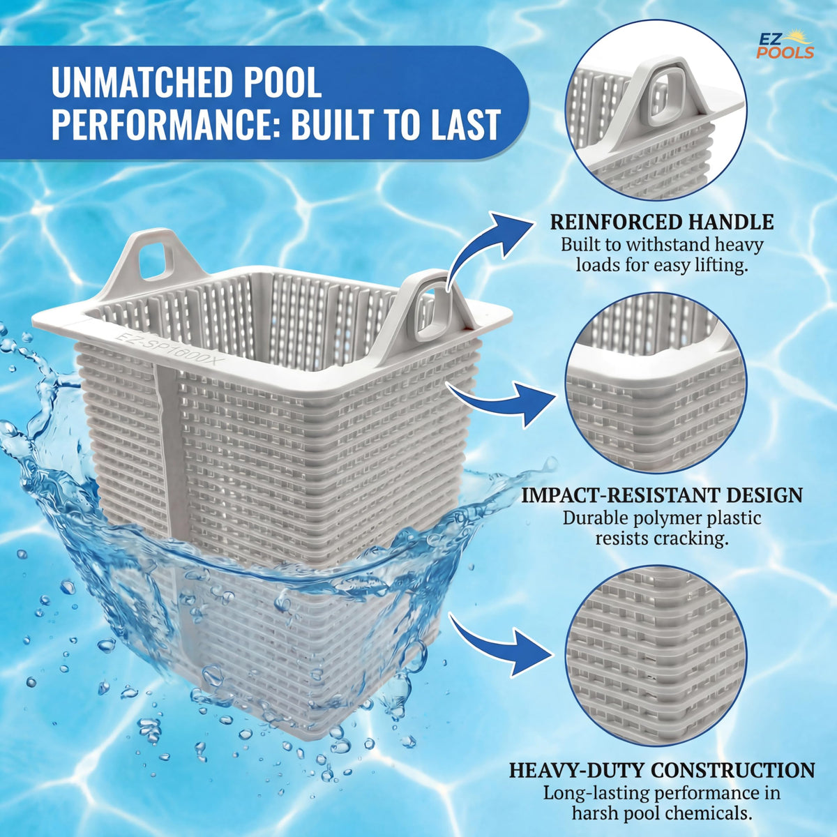 EZ POOLS reinforced-duty pump basket close-up mesh confirms fine filtration for cleaner water.