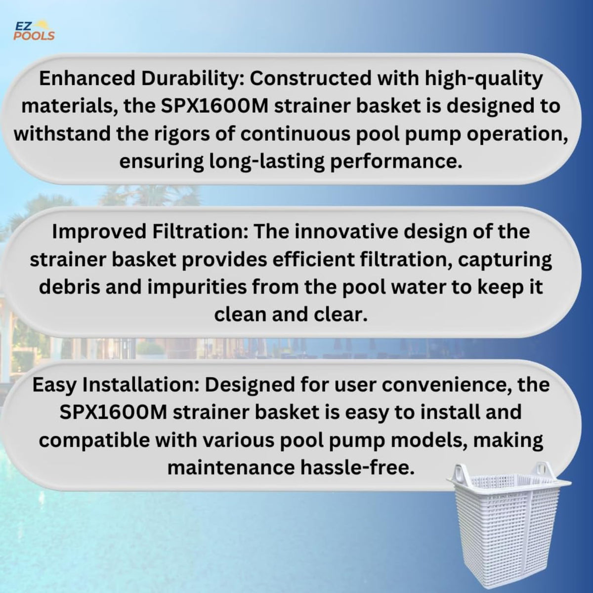EZ POOLS reinforced-duty pump basket durable-mold withstands heavy debris and daily use.