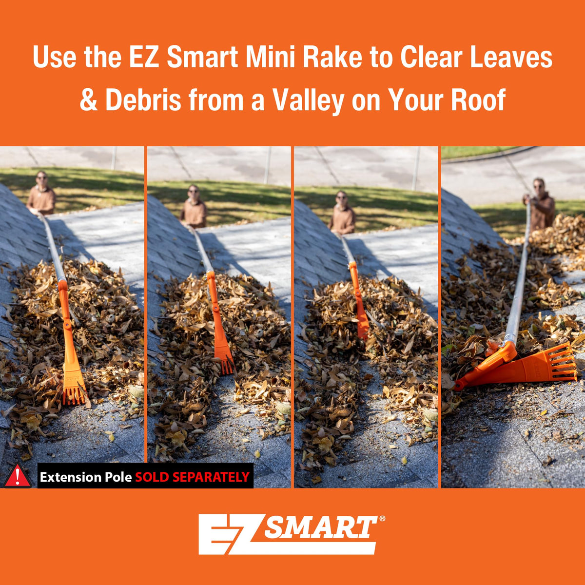 EZ SMART Mini Rake Head in use with adjustable angle for under eaves access.