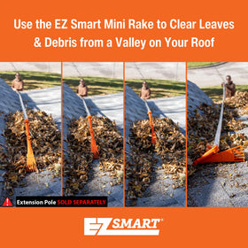 EZ SMART Mini Rake Head in use with adjustable angle for under eaves access.