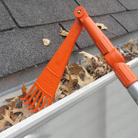 EZ SMART Mini Rake Head used for gutter cleaning from ground level, reducing ladder use.
