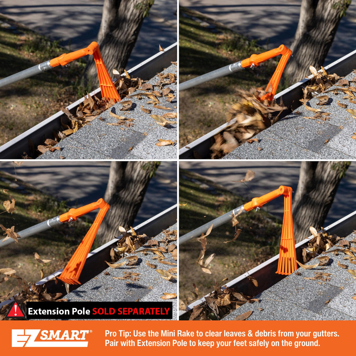 EZ SMART Mini Rake Head performing roof cleaning from ground level.