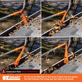 EZ SMART Mini Rake Head performing roof cleaning from ground level.
