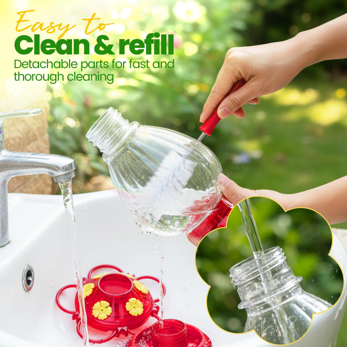 Eziyin hummingbird feeder clear bottle shows nectar levels at a glance.