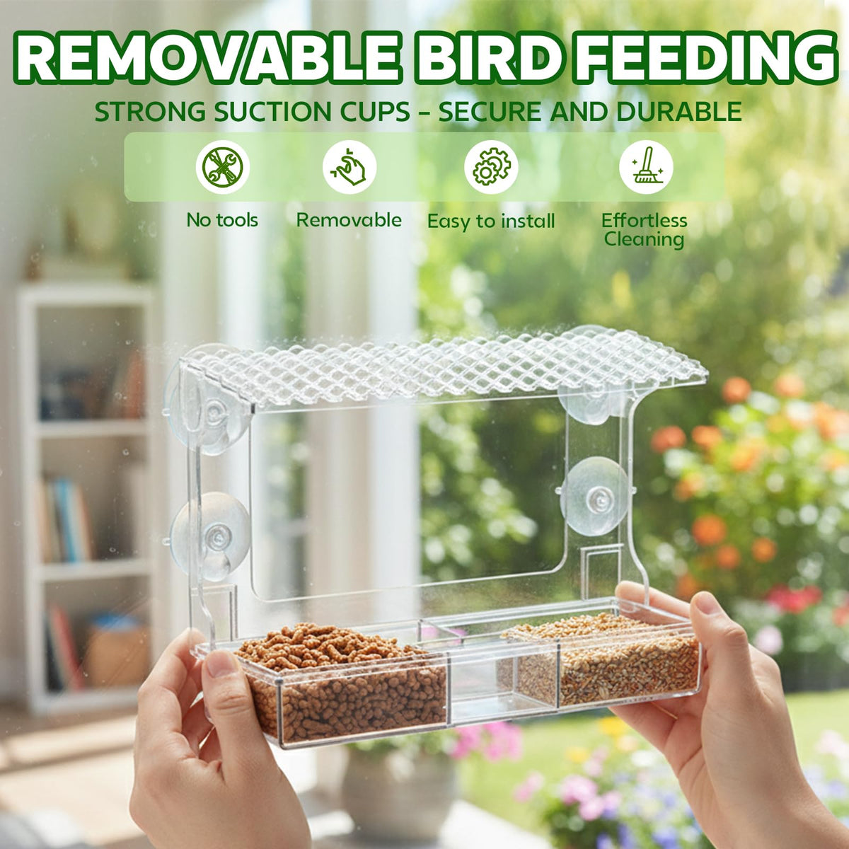 EZIYIN window bird feeder seed tray for easy refills and clean viewing.