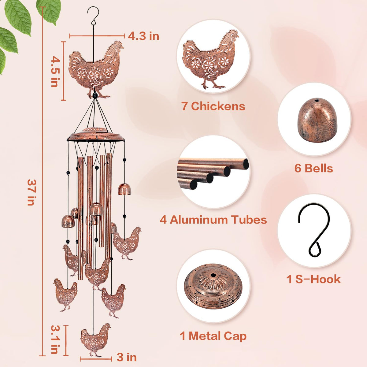 EZTZEN chicken wind chimes aluminum tubes produce clear outdoor tones