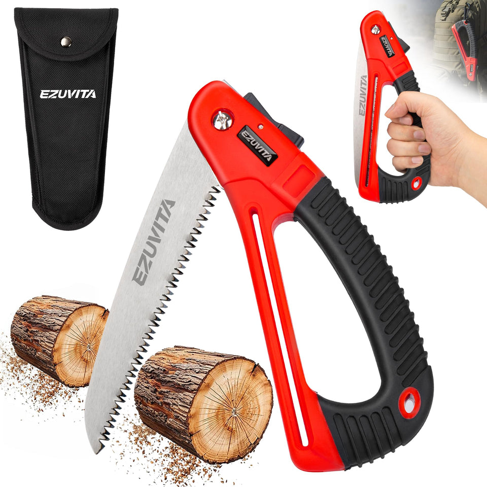 EZUVITA 7inch folding saw with blade open showing clean cut capability