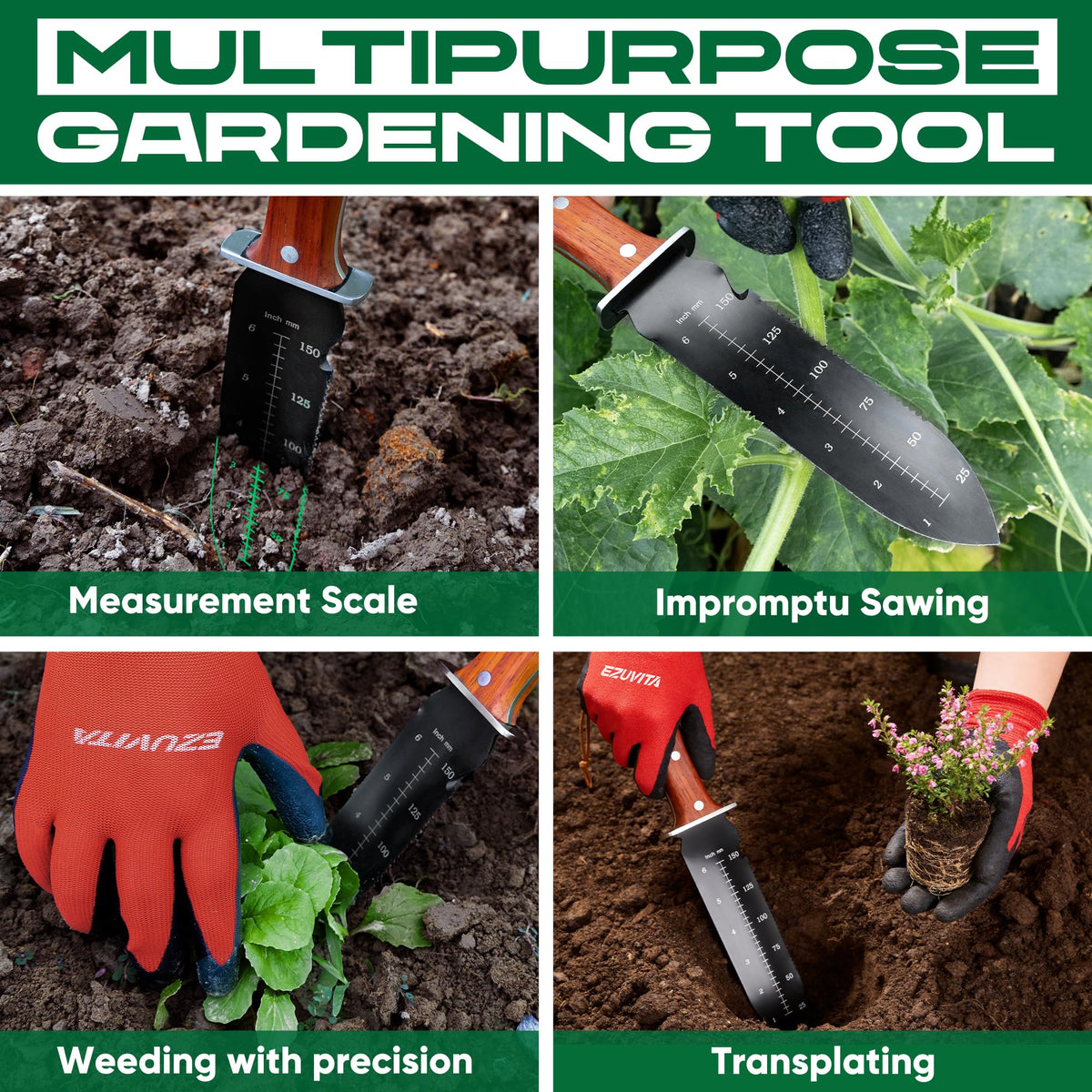 EZUVITA Hori Hori knife depth markings in imperial and metric aid planting depth