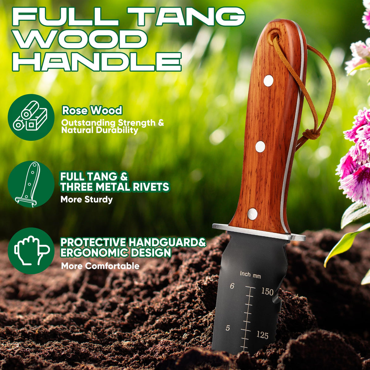 EZUVITA Hori Hori knife double-edged blade supports versatile garden tasks