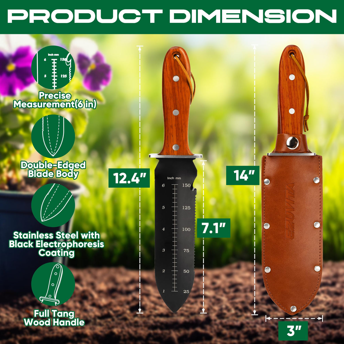 EZUVITA Hori Hori knife full-tang rosewood handle provides secure grip