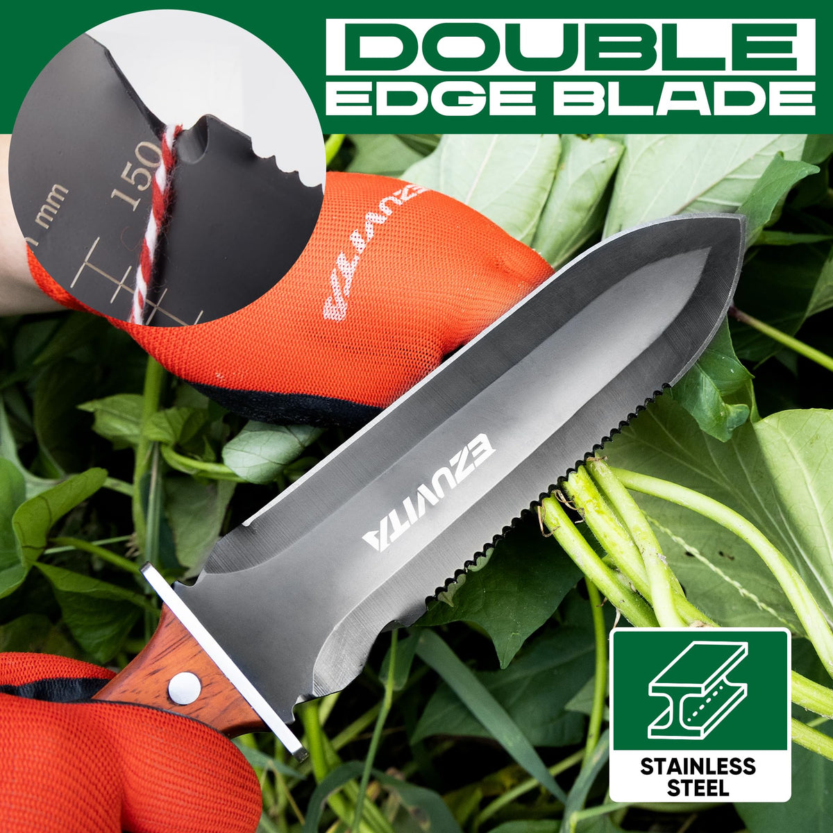 EZUVITA Hori Hori knife stainless steel blade with black coating resists wear