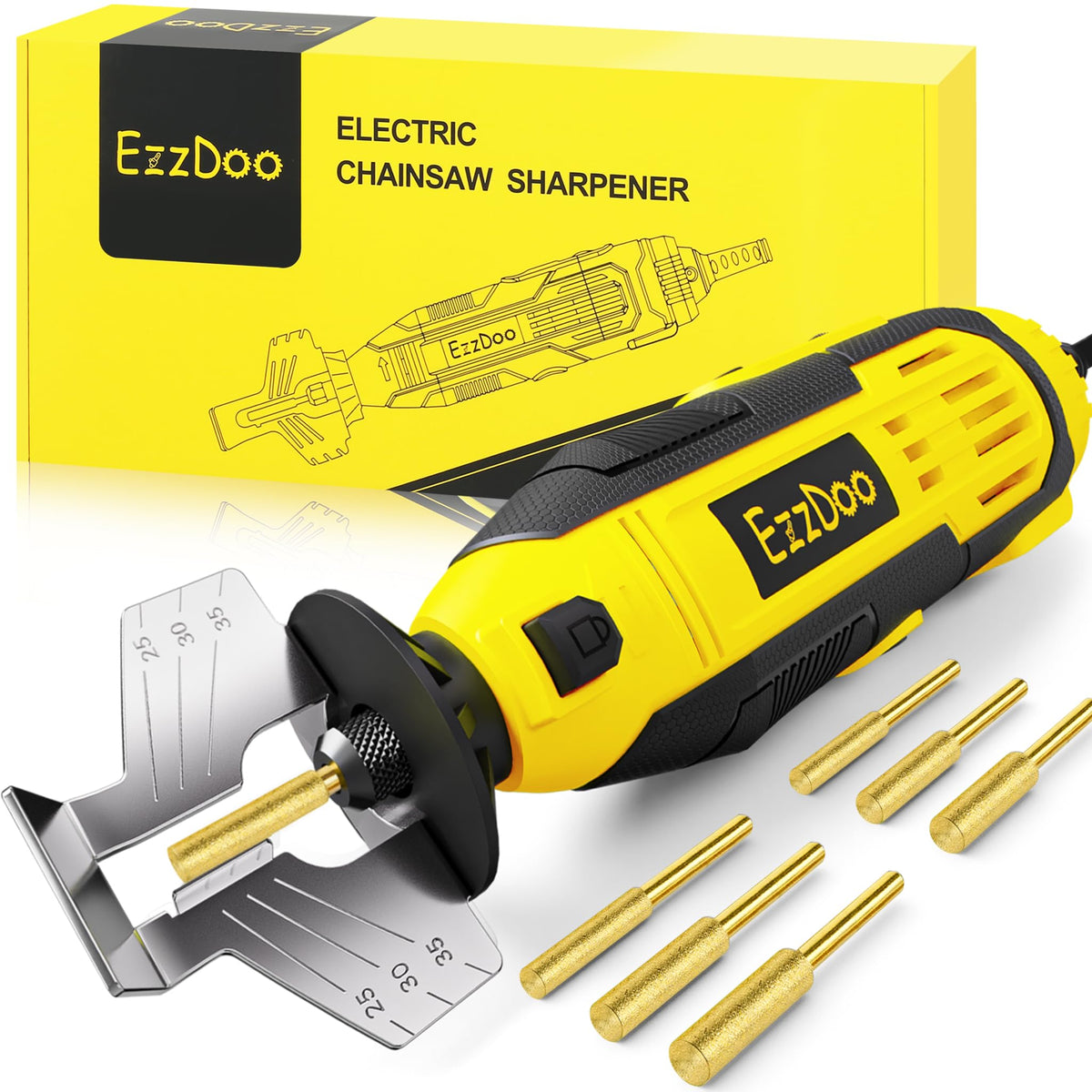 EzzDoo electric chainsaw sharpener kit close-up for quick on-bar sharpening