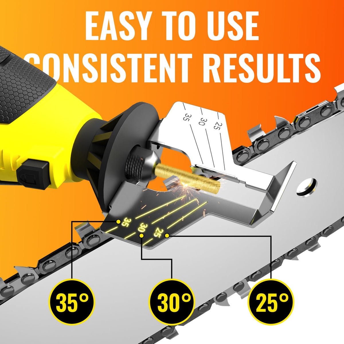 EzzDoo sharpener used on-bar showing direct sharpening without chain removal