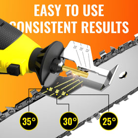 EzzDoo sharpener used on-bar showing direct sharpening without chain removal