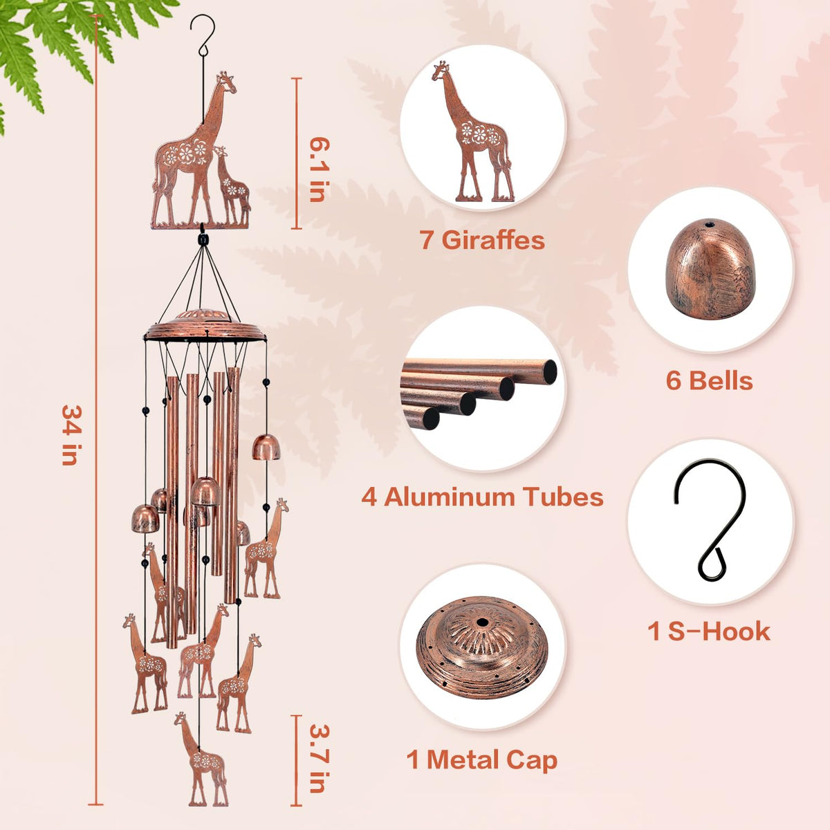 EZTZEN Giraffe Wind Chimes with four aluminum tubes producing crisp tones.