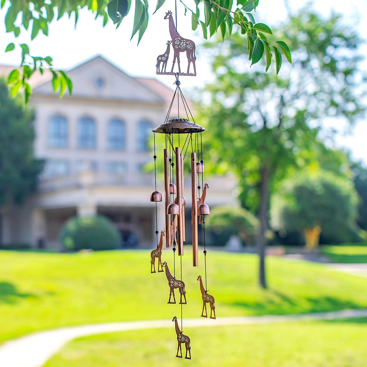 EZTZEN Giraffe Wind Chimes handmade artwork with antique bronze finish.