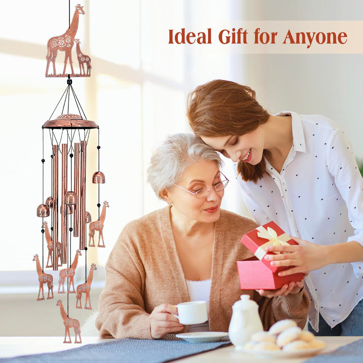 EZTZEN Giraffe Wind Chimes with sturdy nylon rope and S-shaped hook for easy hanging.