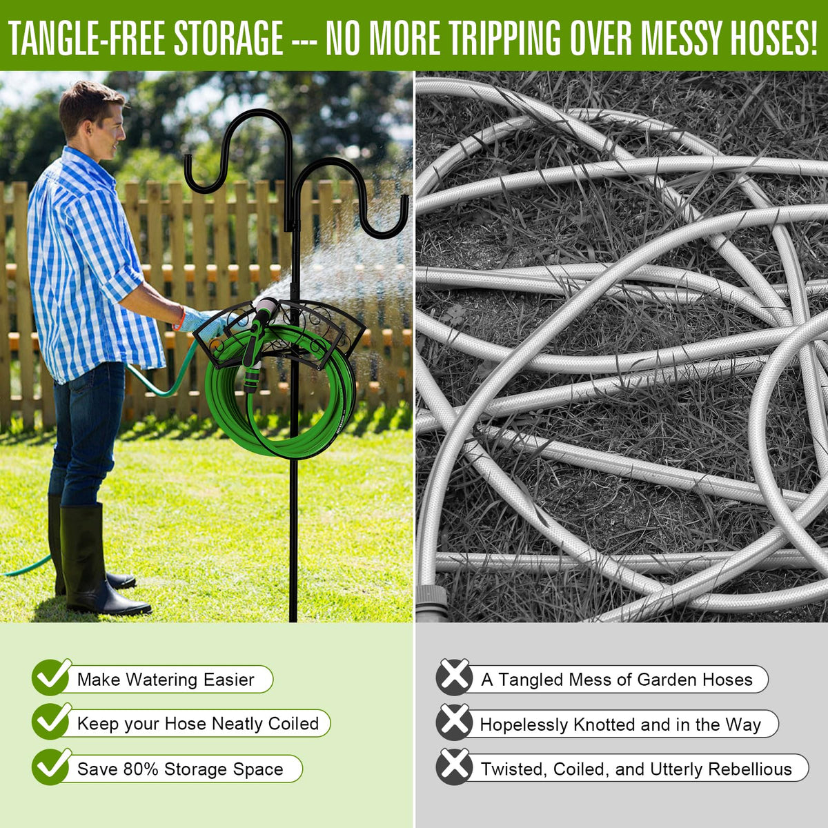 Faankiton double shepherd hooks suspend hoses and decor securely.