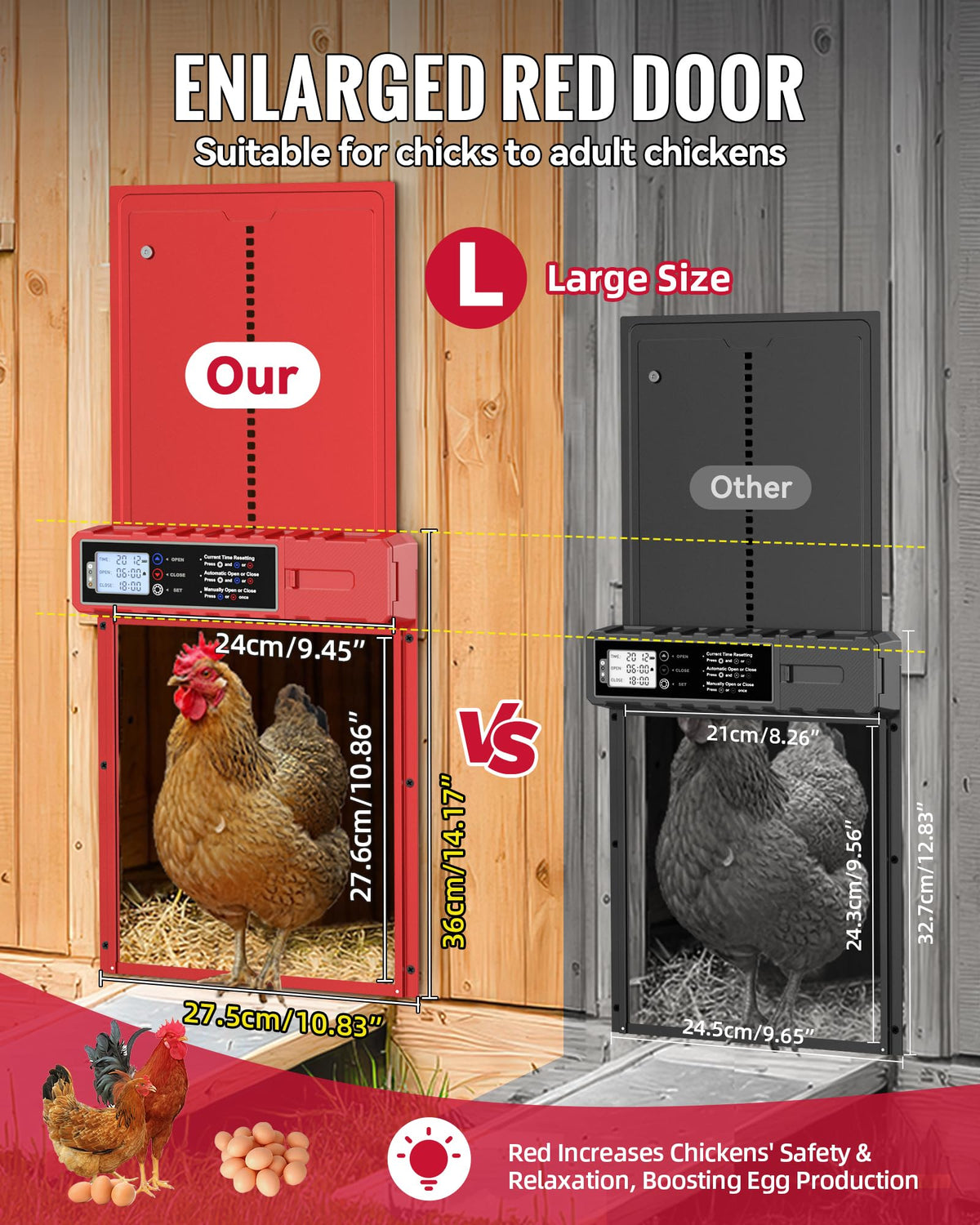 FabStyl red door detail emphasizes calmer hens and better appetite.
