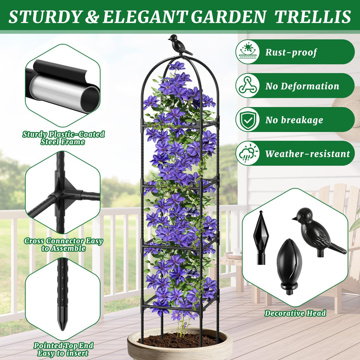 Fabulas rustproof coating on the obelisk trellis for outdoor resilience.