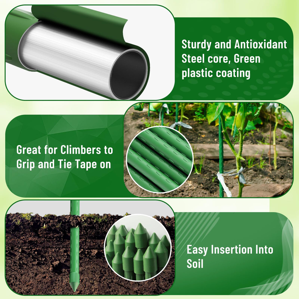 Fabulas green-finish stake blends with plants for discreet support.