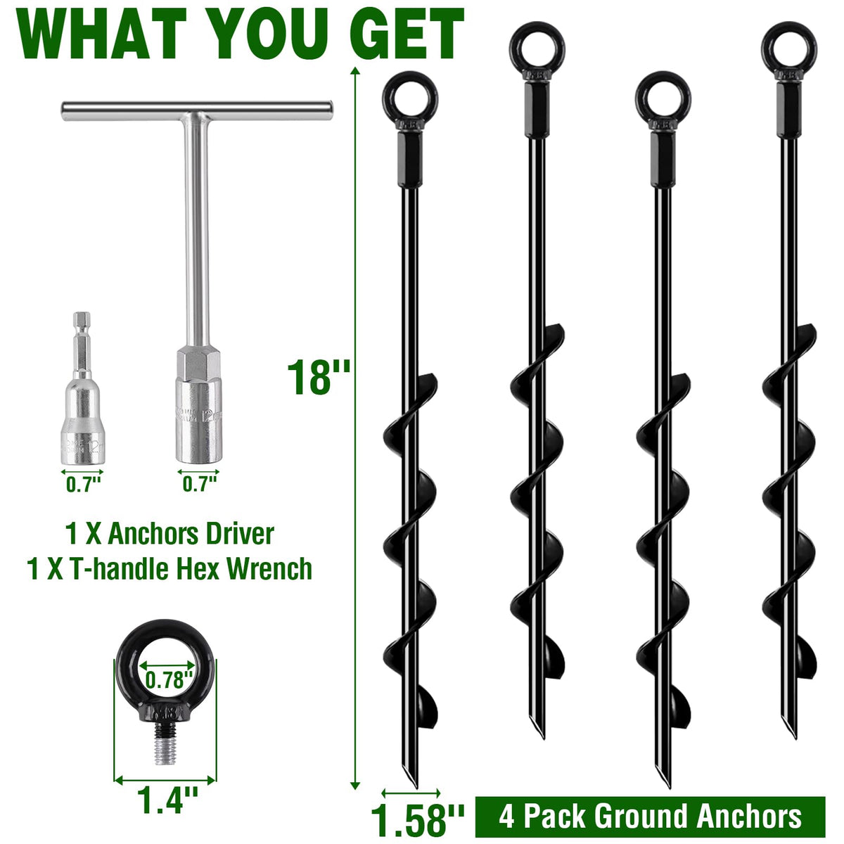 Kit includes four stakes, a wrench, and a nut driver for ready setup.
